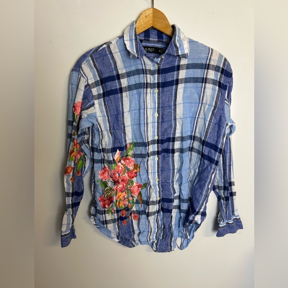 Lauren Ralph Lauren Black Label XSP Button Up Shirt plaid 100% Linen  old money